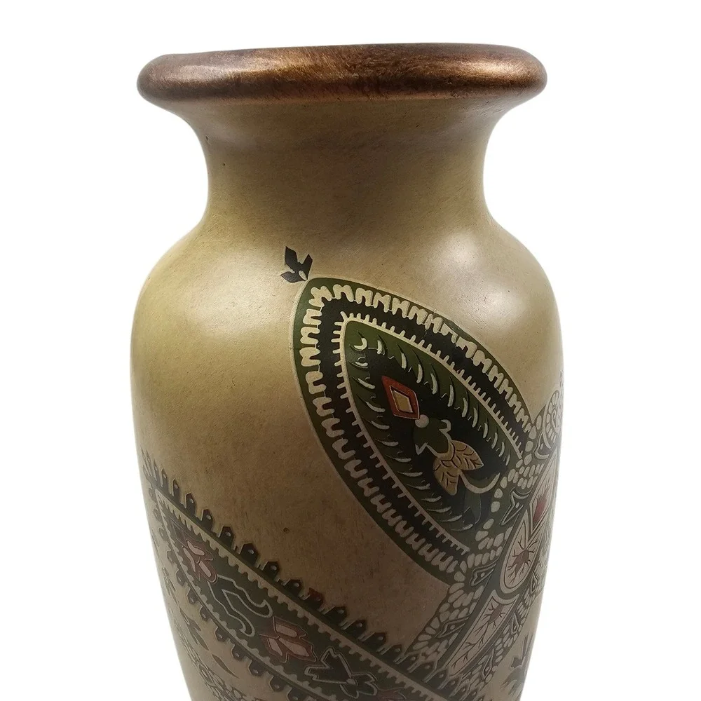 Cream Paisley Decorative Vase Bronze Trim Earthy Green Floral Pattern 12in